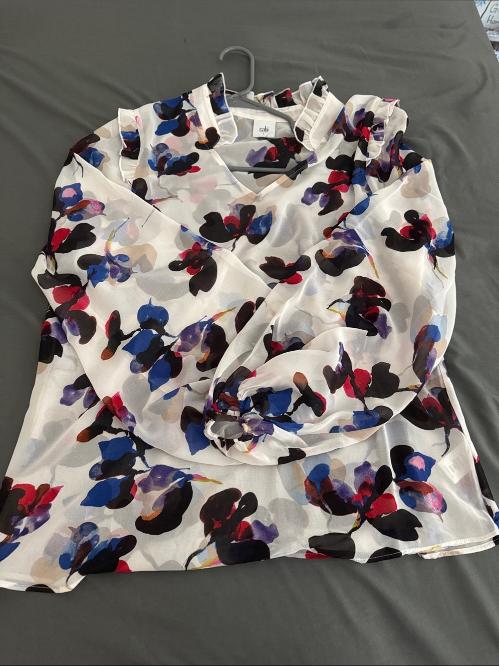 CAbi White Sheer Blouse with Blue, Purple, Pink and Black Floral Motif